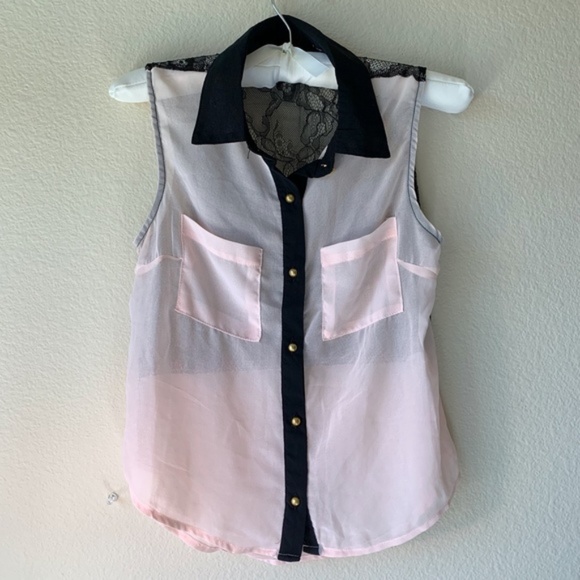 Poetry Tops - Pink Sheer Sleeveless Top With Black Lace Back Button Up Collar Size Small